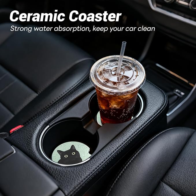 Car Cup Holder Ceramic Coasters 2 Pack, 2.56 in Anti Slip Absorbent Coaster with Cork Base and Finger Notch, Funny Cute Car Accessories Interior for Women, Terrazzo Black Cat