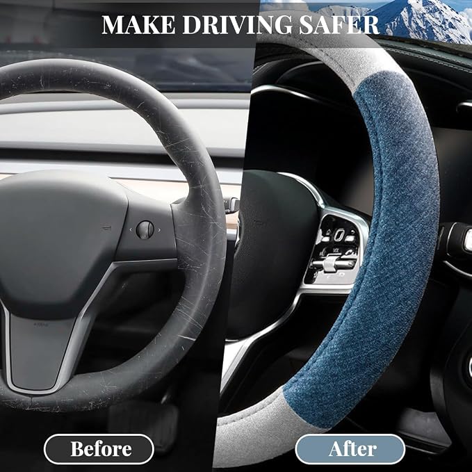 Car Steering Wheel Cover, Breathable Comfort Grip Vehicle Steering Wheel Wrap with Inner Ring, Automotive Interior Protective Accessories, Universal Fit (Blue Grey)