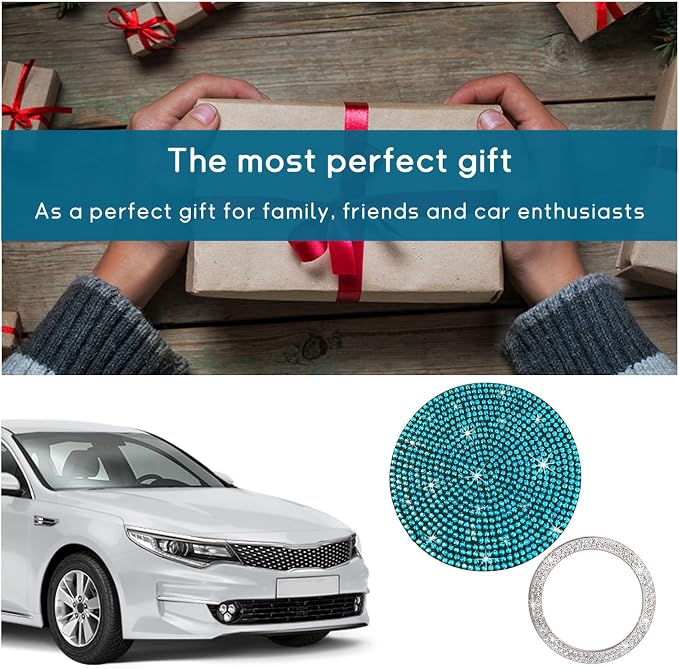 Ziciner 2 Pack Bling Car Cup Holder Coaster, Anti-Slip Auto Insert Coaster with Start Stop Button Cover, Universal Shiny Crystal Vehicle Interior Accessories for Women and Girls (Light Blue)