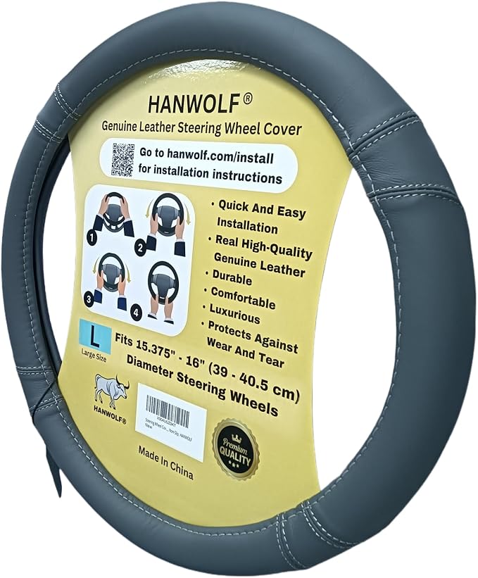 Steering Wheel Cover, Gray, Real Genuine Leather, 16 inch, for Men and Women, Universal, Stretch On, Heat Resistant, Stays Cool, Non-Slip, HANWOLF