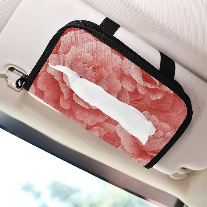 Car Tissue Holder Car Napkin Holder Tissue Box Dispenser Storage Case Sun Visor Mask Holder Accessories with Adjustable Straps Reusable Refillable Red Roses Petals
