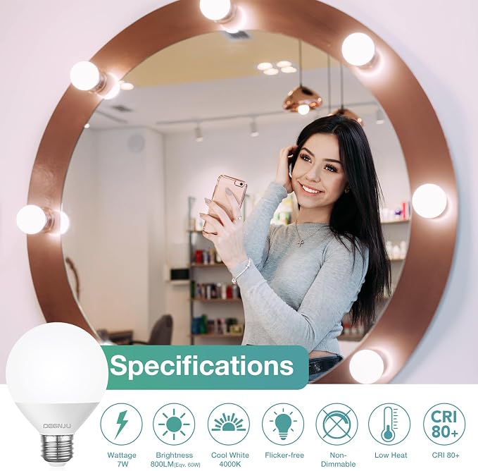 DEGNJU LED Vanity Light Bulbs, 60W Equivalent, Bathroom Light Bulbs 4000K Cool White, 800 Lumens, G25 Globe Bulb for Makeup Mirror, Round Shape, 7W, 120V, Non-Dimmable, 10 Pack