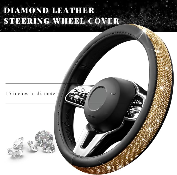 Diamond Leather Steering Wheel Cover, 15 Inch Bling Crystal Rhinestone Anti-Slip Wheel Protector, Universal Sparkling Elegant Diamond Steering Wheels Cover for Women Girl (Golden)