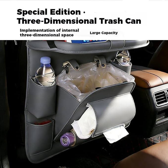 Car Backseat Organizer with Foldable Table Tray, Leather Seat Back Organizer with Trash Bin, Tablet Holder, Kick Mat Protector, Back Seat Storage for Cars, Gray
