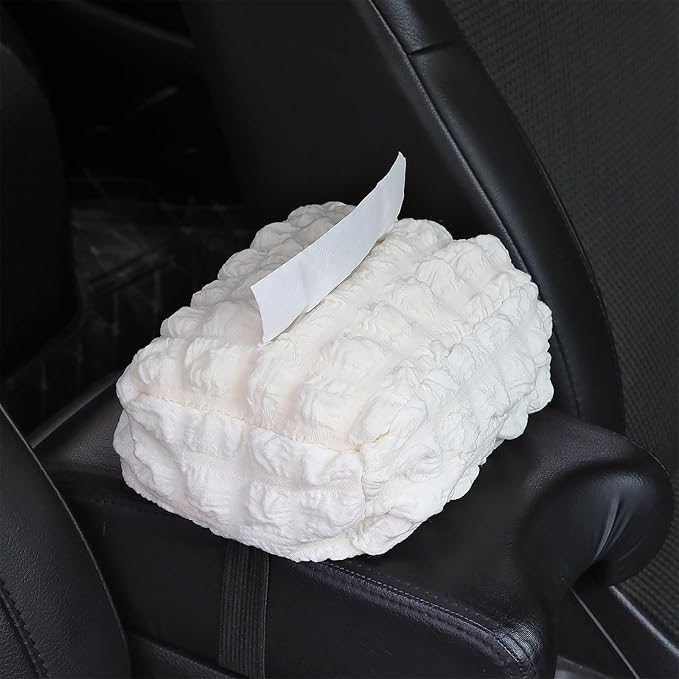 Beige White Car Tissue Holder, Car Standard Tissue Holder, Multi-Functional Car Tissue Boxes, Soft Puff Fabric with Adjustable Elastic Band, Keep Car Tidy, for Sun Visor, Backseat, Armrest