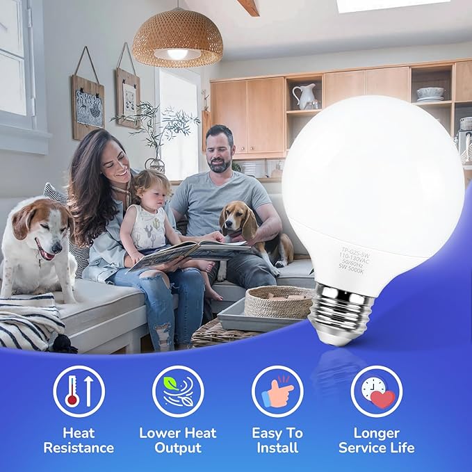 MAXvolador G25 LED Globe Light Bulbs 60W Equivalent,Daylight White 5000K Bathroom Vanity Round Bulb, 500LM E26 LED for Makeup Mirror, Non-Dimmable 20 Pack