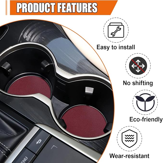 Car Cup Holder Coaster, Leather Anti-Slip Auto Cup Holder Insert Coaster, Shockproof Waterproof Drink Mat, Universal Vehicle Interior Decoration Accessories for Cars, Trucks, SUVs (Wine Red)