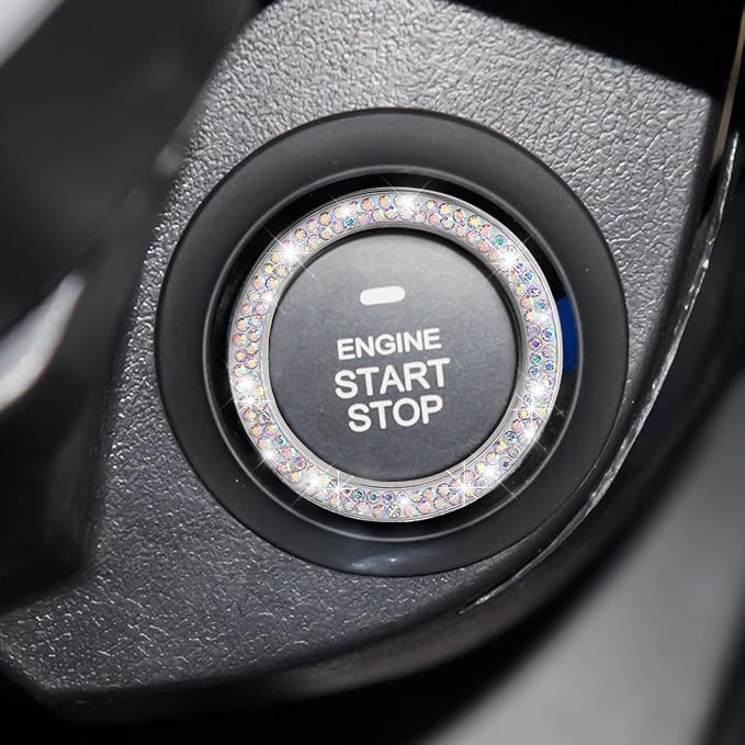 Bling Crystal Rhinestone Engine Start Ring Decals, 2 Pack Push Start Button Cover/Sticker, Key Ignition Knob Bling Ring, Sparkling Car Interior Accessories for Women (AB)