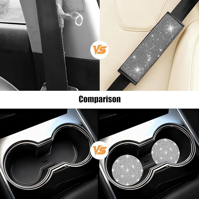 11PCS/Set Bling Car Accessories Set for Women, Rhinestone Vehicle Steering Wheel Cover Seat Belt Cushion Gear Shift Protector Cup Holder Coaster, Universal Automotive Accessories (White)
