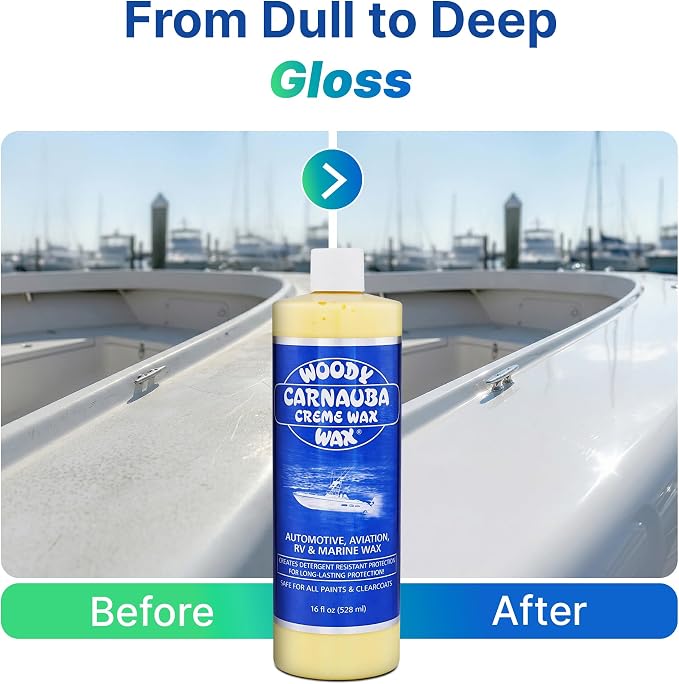 Woody Wax Carnauba Creme Wax, High-Gloss for Marine, RV & Aviation | UV Protection for Paint & Clear Coat, Detergent Resistant Polymers, Covers Light Scratches and Removes Oxidation, 16 oz