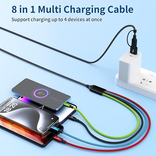 4 in 2 Multi Charging Cable, 3 Type-C & IP Cord for Multiple Devices | USB C Multi Charging Cable with 3 Type-C & IP Ports, Nylon Braided Phone Charger Cord for Travel, Car and Daily Use