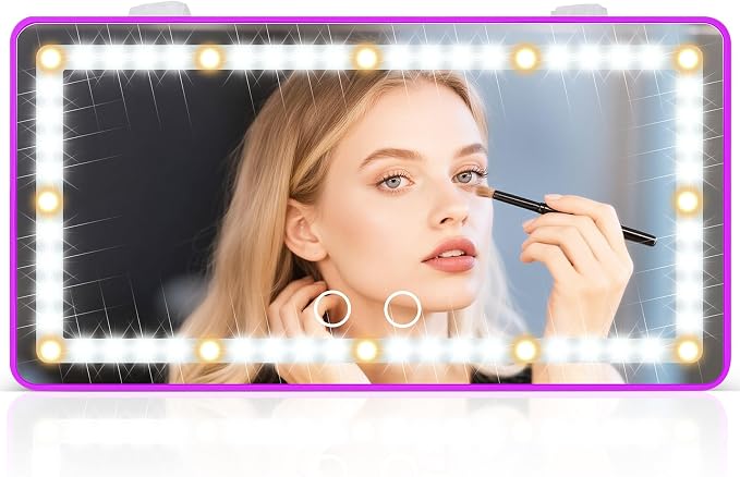 SINGARO Car Sun Visor Vanity Mirror - Rechargeable Makeup Mirror with 60 LEDs, 3 Light Modes & Dimmable Touch Control for Cars, Trucks, SUVs, Car Interior Accessories for Women (Purple)