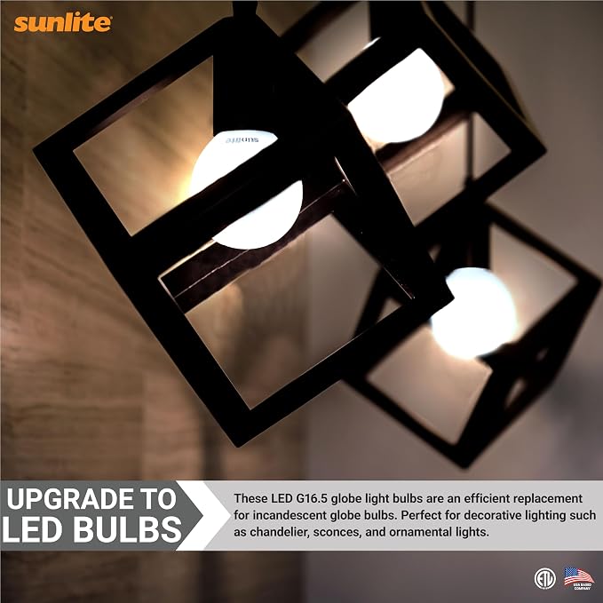 Sunlite G16.5 Light Bulb LED, 7 Watts (60W Equiv.), 500 Lumens, Dimmable, Type G Globe Shape E12 Candelabra Base, Short Bulbs, Vanity Mirror Bulbs, 4000K Cool White, Clear, 6 Count