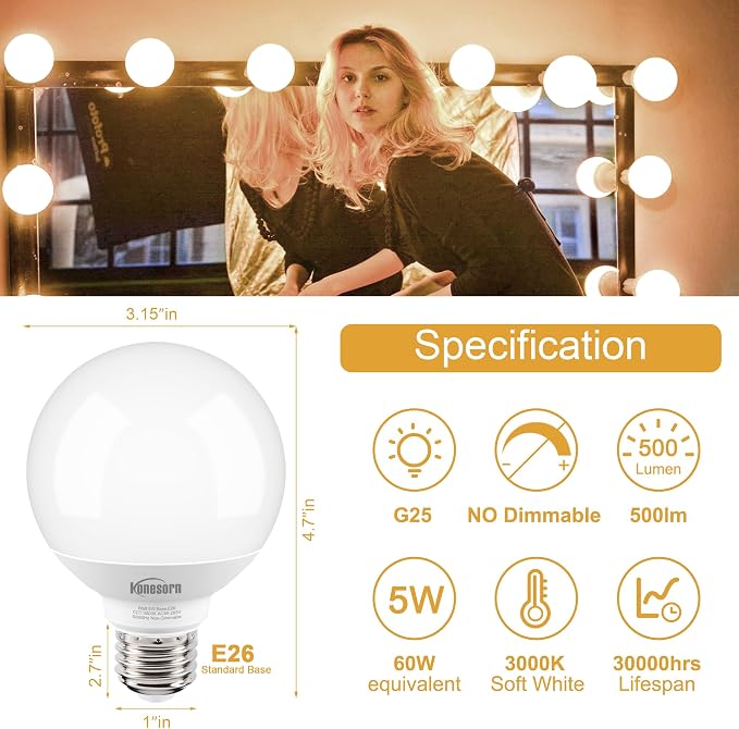 Honesorn Light Bulbs 60 Watt Equivalent - G25 Globe LED Bulbs 3000K Soft White E26 Medium Base Light Bulbs for Bathroom Vanity Mirror 5W, 500LM, Non-dimmable, 4 Pack