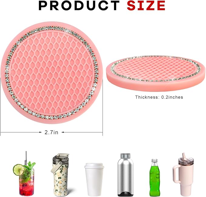 2PCS Bling Car Cup Coaster, 2.69 Inch Anti-Slip Auto Cup Holder Drink Mat w/Crystal Rhinestones, Universal Shiny Diamond Vehicle Insert Coasters Cups Mats for Women (Pink & White)