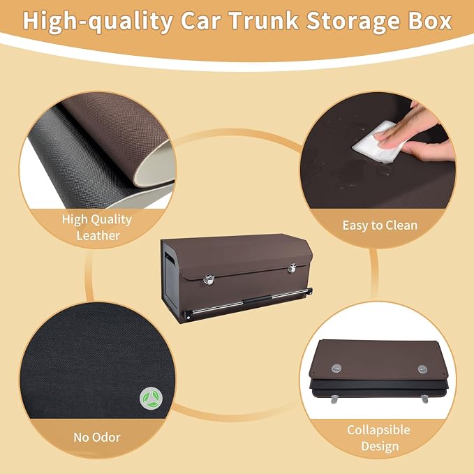 Trunk Organizer for Car with Lid Leather Trunk Organizer Car Organizer | SUV Trunk Organizer with Push-pull Handle Car Trunk Storage Organizer for Minivan, Truck, Sedan (Brown, 27.1 x 11.4 x 12.2in)