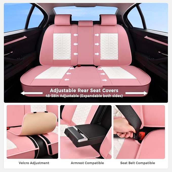 Huidasource Leather Seat Covers for Cars, Front and Rear Car Seat Covers Full Set, Waterproof Automotive Car Seat Cushion Cover 5 Seats Fit for Most Cars SUV Trucks, Pink & White