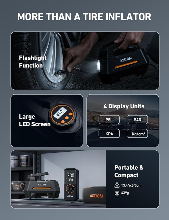 AstroAI AIRUN H Tire Inflator Portable Air Compressor,Fast Inflation Electric Air Pump for Car Tires-Car Accessories,9.8Ft Cord-12VDC-Powered Auto Shut-Off with Digital Pressure Gauge,LED Light,Orange