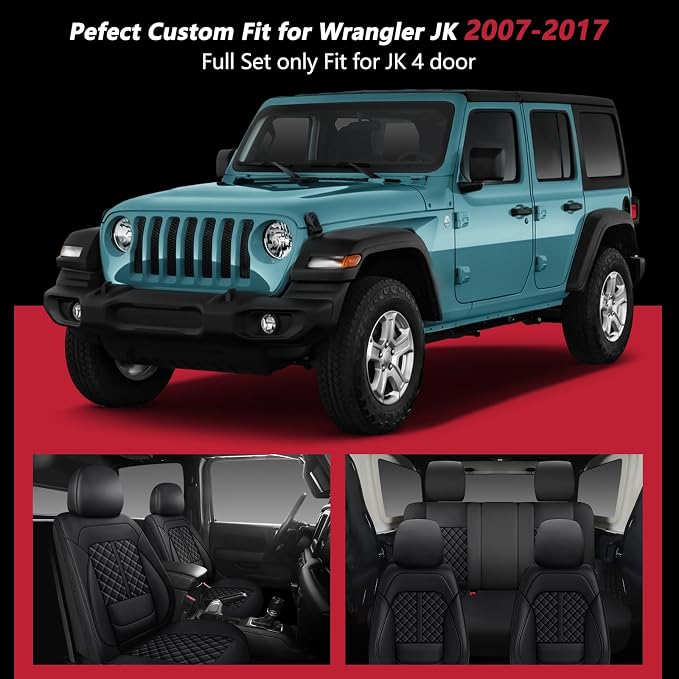 Wrangler Seat Covers 2007-2017,Custom Fit for Jeep Wrangler JK JL 4 Door Unlimited Sahara/Sport/Rubicon X 392 Willys,Waterproof Faux Leather and Lumbar Support (Black, Full Set-5 seats(07-17))