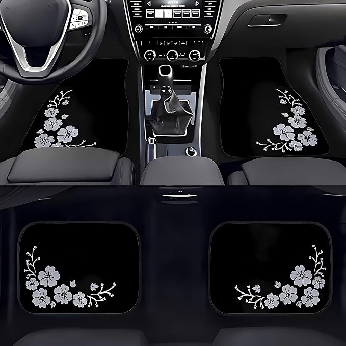 Universal Fit Car Floor Mats Set of 4Pcs, White Floral Pattern All-Weather Front Rear Car Carpet Mats, Non-Slip Car Floor Mat Car Accessories for Automotive Trucks SUV Sedans Vans