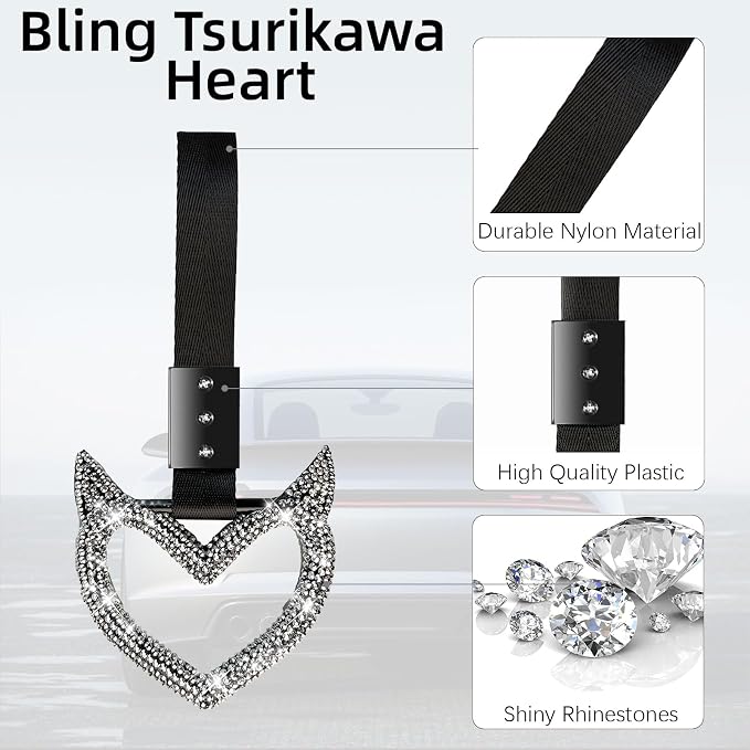 NBTEPEM Bling Heart Handle Keychains Bling Car Accessories for Women Hand Strap Drift Charm Rear Bumper Warning Ring Tsurikawa Heart Decor for Car Interior Exterior Decoration (Silver, Devil Style)