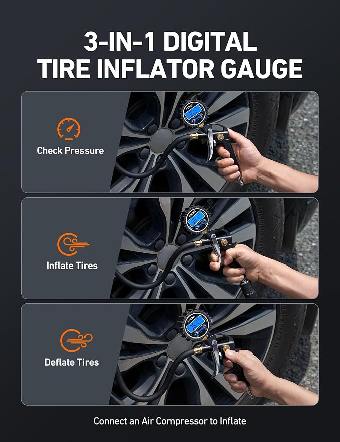 AstroAI Digital Tire Pressure Gauge with Inflator, 3-250PSI Air Compressor Accessories with Heavy Duty Air Chuck Quick Connect Coupler, Fits 1/4" NPT – for Car Truck SUV RV, 1 Pack Compact
