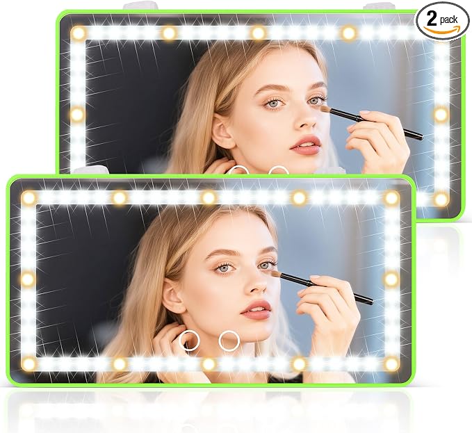 SINGARO 2PCS Car Sun Visor Vanity Mirror - Rechargeable Makeup Mirror with 60 LEDs, 3 Light Modes & Dimmable Touch Control for Cars, Trucks, SUVs, Car Interior Accessories for Women (Green)