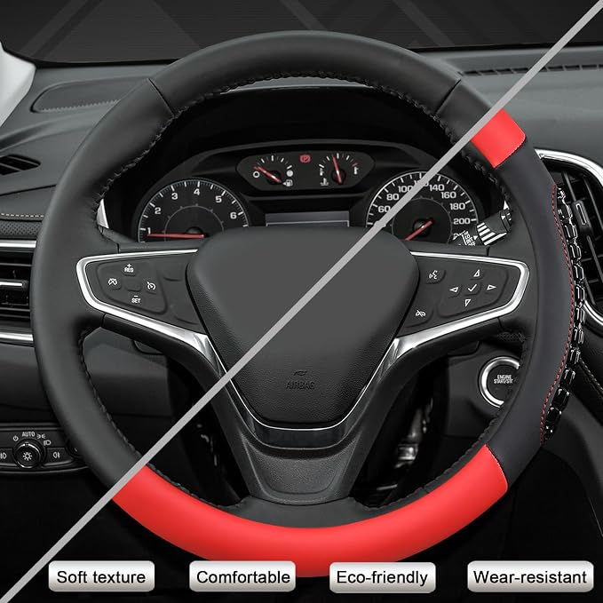 West Llama Nappa Leather Car Steering Wheel Cover Gel Massage,Cool in Summer,Universal 15 inch(Red+Black-Standard Size)
