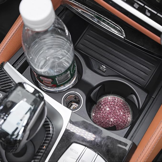 Bling Car Cup Holder Coaster, 2PCS 2.75 Inch Crystal Rhinestone Anti Slip Vehicle Drink Cup Mat for Women Girls, Auto Interior Embedded in Ornaments. Universal for SUV RV Truck (Pink)