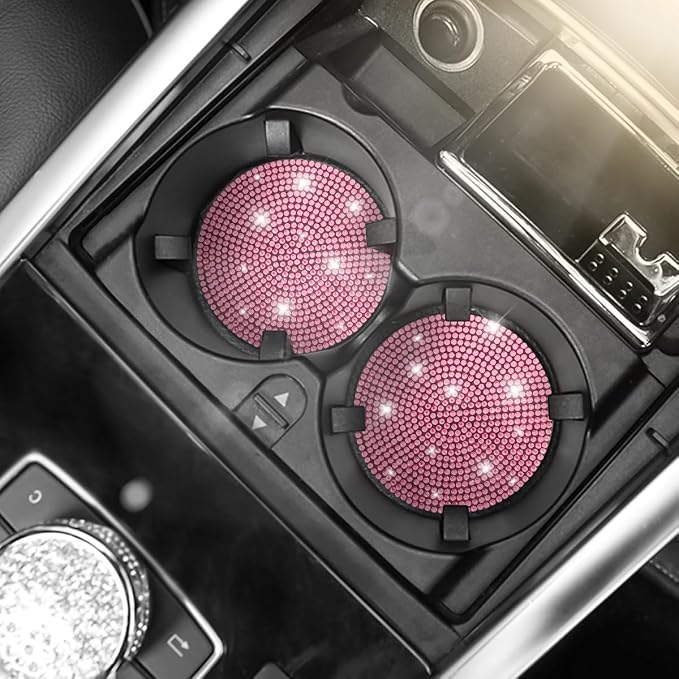 Osilly Bling Car Cup Holder Coaster, 2 Pack Crystal Rhinestone Anti-Slip Insert Coasters, Universal 2.75 Inch Fashion Automotive Cup Mat, Car Interior Accessories Decor Gifts for Women (Pink)