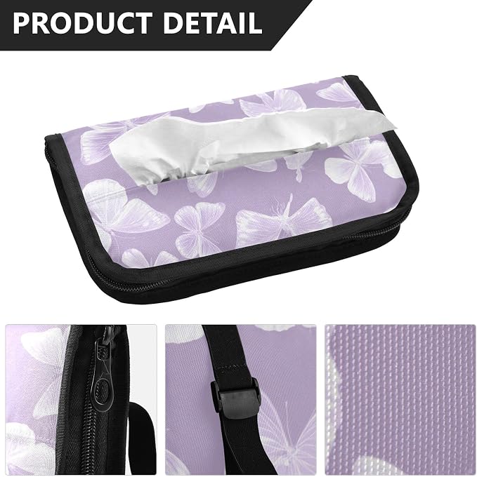 Purple White Butterfly Car Tissue Holder Durable Napkin Holder Hanging Tissue Holders Case Car Tissues Bag for Sun Visor Seat Back Universal Auto