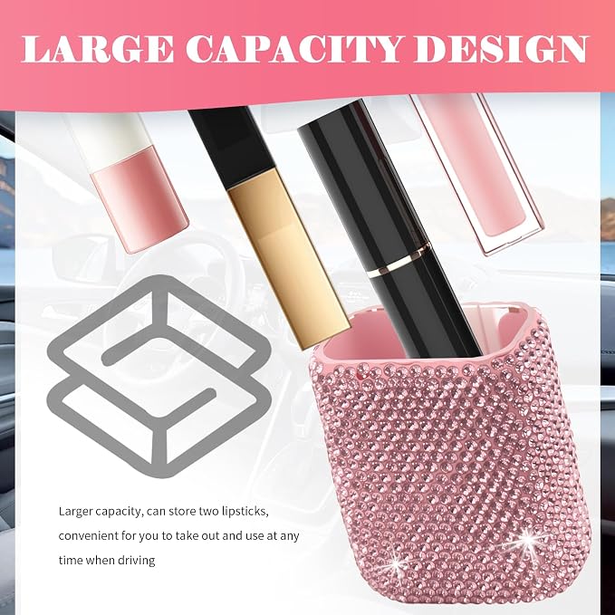 Bling Chapstick Holder for Car with Rhinestone,Portable Car Chapstick Holder as Chapsticks Organizer,Self-Adhesive Cars Lip Balm Holders Cars Interior Accessories for Women (Pink)