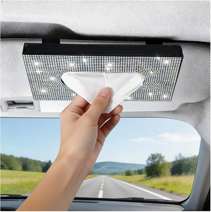 Bling Car Visor Tissue Holder, Shiny Rhinestone Leather Sun Visor Napkin Mask Case Holder Clip, Diamond AUT Paper Tissue Towel Box Dispenser, Universal Fit (Multicolor)