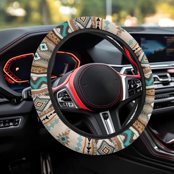 Wanyint Southwest Aztec Beige Blue Car Steering Wheel Cover Universal 15 Inch Auto Accessories Car Interior Decoration for Women Men Fit SUV Sedans Vans Trucks