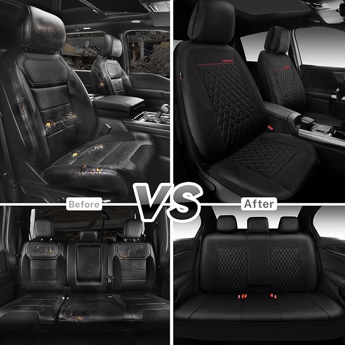 CAR PASS Quilting Faux Leather Seat Covers Full Set, Waterproof Deluxe Premium Seat Cover with 5mm Composite Sponge Inside, Airbag Compatible Auto Seat Cover Universal Fit for 95% Sedan SUV Van, Black