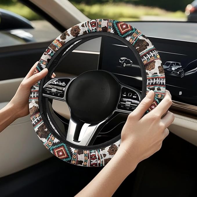 Wanyint Car Steering Wheel Cover 15 Inch Universal Breathable Soft Anti-Slip Auto Accessories Steering Wheel Protector Fit for Most Vehicles, Aztec Geometric Cow Print