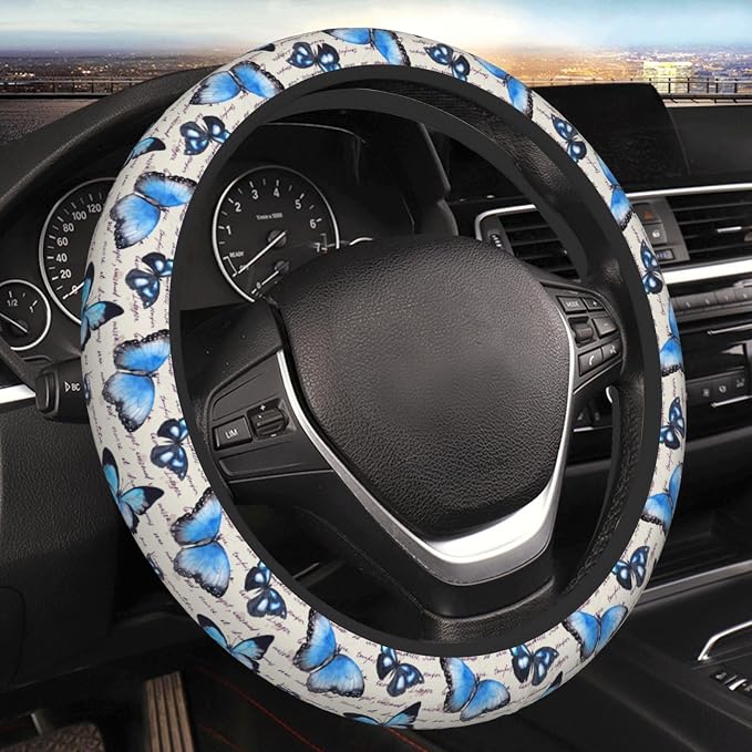 Vintage Butterfly Blue Steering Wheel Cover for Women Men Girls Car Accessories Decor Anti-Slip Neoprene Auto Steering Wheel Covers Protector Universal 15 Inch