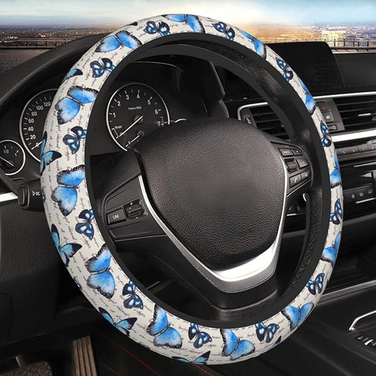 Vintage Butterfly Blue Steering Wheel Cover for Women Men Girls Car Accessories Decor Anti-Slip Neoprene Auto Steering Wheel Covers Protector Universal 15 Inch
