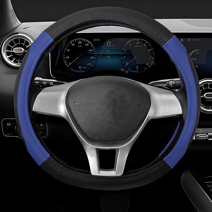 Sport Leather Steering Wheel Cover, 14.5-15 Inch Breathable Auto Steering Wheel Protector with Anti-Slip Lining, Soft Comfortable Leather Wheel Protector for Cars Trucks SUVs (Black & Blue)