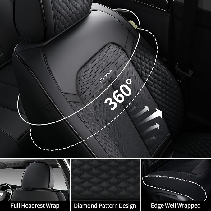 FLORICH 2pcs Car Seat Covers Front Set, Black Car Seat Cover, Breathable Premium Leather Seat Covers, Automotive Vehicle Seat Covers for Cars Trucks Vans SUVs Sedans (2 Packs, Black)