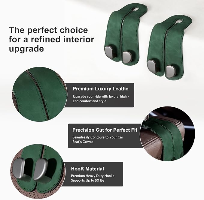 CoBak Purse Hook for Car - Universal Premium Stitched Leather and Aluminum-Magnesium Alloy Double Car Seat Back Storage Hook for Purses, Handbags, Bags (2 Pack),Emerald