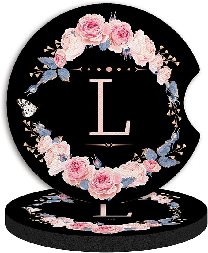 2pcs Letter L Car Coasters,Absorbent Universal neoprener Cup Holder Coasters with a Finger Notch,Car Accessories for Women&Man Interior，2.75"