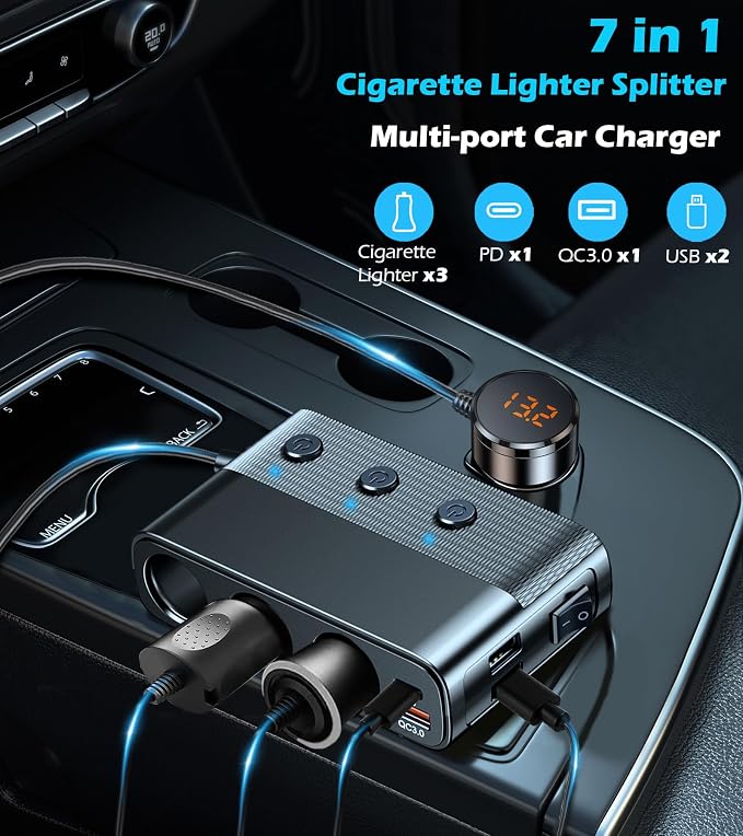 LIHAN 7-1 Cigarette Lighter Splitter, 3-Socket Adapter with PD 30W Type-C | 12V/24V Car Charger, QC3.0 & Dual USB Ports, Independent Switches, Voltage Display, 3.3FT Extension Cord for Truck RV SUV