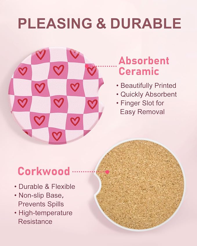 Swooflia 2 Pack Absorbent Ceramic Car Coasters for Women - 2.55 Inch Heart Checkered Pink Car Cup Holder Coasters with Cork Base, Funny Car Accessories, New Driver Gifts