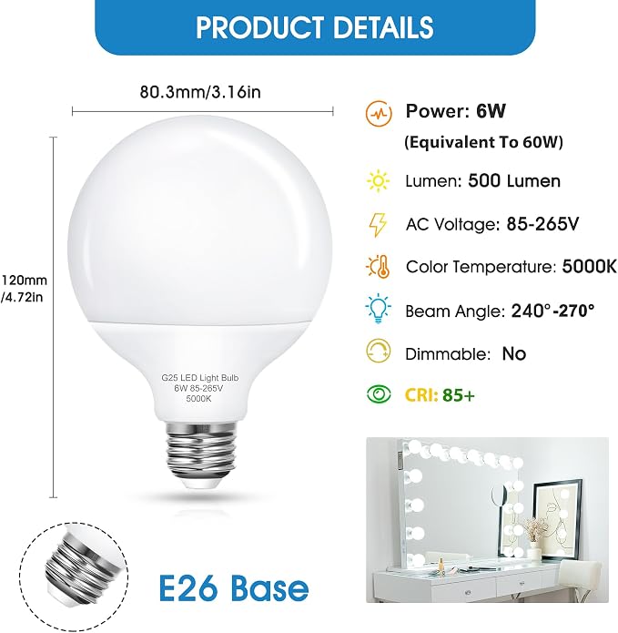 EvaStary G25 LED Globe Light Bulbs, 6W LED Vanity Bathroom Light Bulb 60W Equivalent Daylight White 5000K for Mirror Round Makeup Lights, 85-265V CRI85+ E26 Base, Non-dimmable, 4 Pack