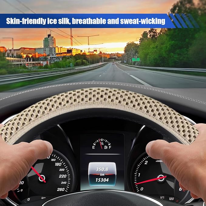 Elastic Stretch Steering Wheel Cover, for Men Women (Beige) | 15" Breathable Microfiber Ice Silk Steering Wheel Protector, Universal Anti-Slip Warm in Winter&Cool in Summer Car Accessory