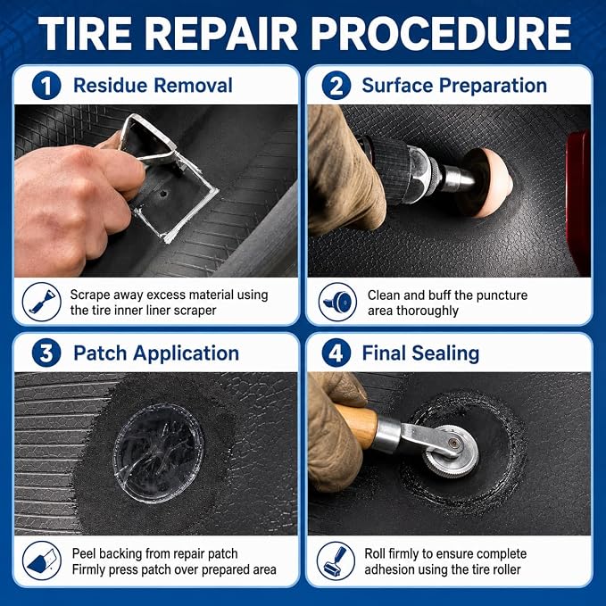 Air Tire Repair Polish Patch Kit Heavy Duty - Includes 2500RPM Air Tire Buffer, Tire Inner Liner Scraper, 4 Tungsten Steel Buffing Wheel, Patch Roller, & Wire Brush - Professional Tire Patch Tools