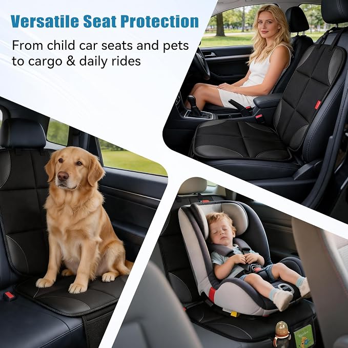 Car Seat Protector, Thick Padding and Upgraded Non-Slip Backing, 600D Waterproof Fabric Child Car Seat Cover with Mesh Pockets, No Imprints, Universal Fit for Car SUV Truck (Black 2pcs)