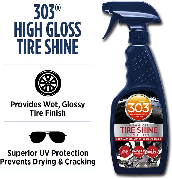 303 Products High Gloss Tire Shine And Protectant - Long Lasting, Water Based Formula - Lasts For Weeks - No Harmful Silicones - Lasts Weeks Not Days, 16 fl. oz. (30395CSR) Packaging May Vary | Water-based tire shine delivers long-lasting gloss without...