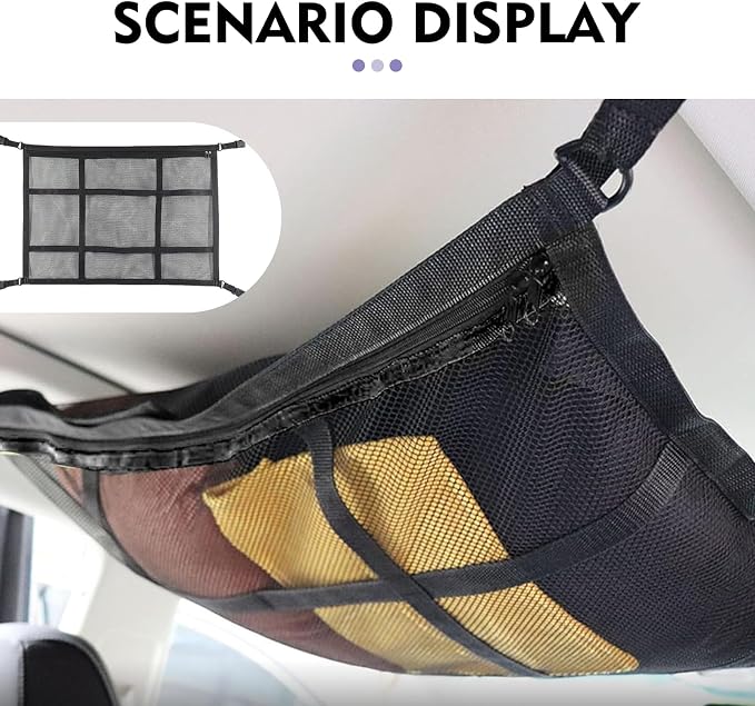 Car Ceiling Cargo Net, 31.5" x 21.7" Adjustable Buckle Heavy Duty Car Roof Storage, Double Layer Mesh Interior Organizer with Zipper, Universal for Cars, SUVs, Trucks